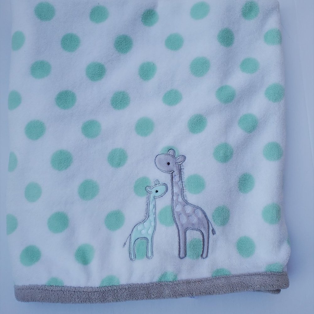 Carters Just One You White Gray Polka Dot Green Giraffe Fleece Baby Blanket.